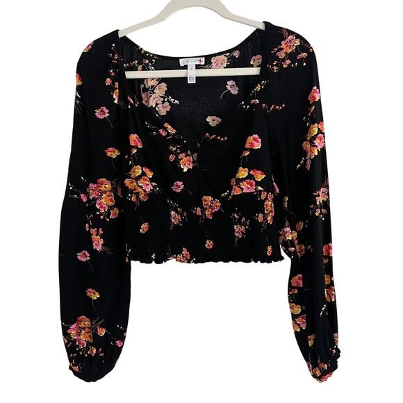 Leith Smocked Crop Black Floral Top Sweetheart Neckline Boho Peasant Size M - Picture 3 of 11